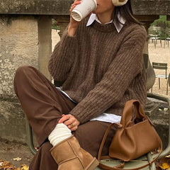 LIZAKOSHT - Autumn Brown Round Neck Knitted Pullover Women Solid Chic Full Sleeve Loose Casual Sweater Warm Lady Commuting Street Knitwear 
