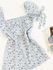 LIZAKOSHT - Retro France Style Ruched Square Collar Puff Sleeve Blue Flower Print Dress Slim Waist A line Elegant Women Robe