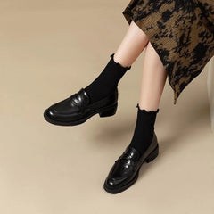 LIZAKOSHT - Retro Spring Autumn Women's round Toe Thick Heel Slip-On Loafers British Style Fashion Single Shoes Comfortable Leather