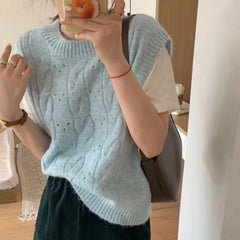 LIZAKOSHT  -  Milk Gentle Crewneck Sweater Vest Female Autumn and Winter New Korean Loose Soft Waxy Waxy Fold Wear Sweater Vest Top