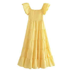 LIZAKOSHT  -  Europe and America Wind Spring Women's New Yellow V-neck Printed Short-sleeved Dress Fluffy Skirt