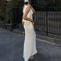 LIZAKOSHT  -  Solid Color Hollow Knitted Beach Vacation Dress Elegant Sleeveless Skinny Cover-up Dress Women Sexy Perspective Swimwear Dress