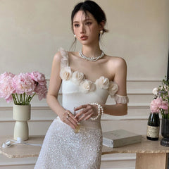 LIZAKOSHT - New Summer Clothes Single Strapless 3d Flower Slim Model Elastic Women Top,off The Shoulder Sexy Tank Tide