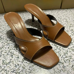 LIZAKOSHT - Retro Sewing Brown Women Mules Shoes Summer Casual Lightweight Open Toe Brand Stilettos Elegant Comfort Lady High Heels Sandals