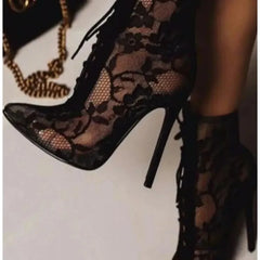LIZAKOSHT - New Black Mature Mesh Women Boots High Heel Pumps Floral Lace-Up Thin High Heels Ankle Pointed Toed Party Wedding Shoes