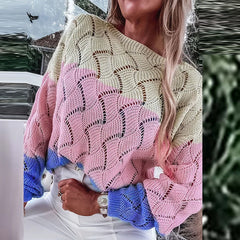 LIZAKOSHT  -  Autumn Elegant O-neck Pullover Sweaters Fashion Color Splicing Hot Sale Knitted Top Winter Women Casual Long Sleeve Loose Jumper