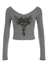 LIZAKOSHT - Gothic Graphic Prints Knit T-shirts Aesthetic Gray V- Neck Long Sleeve Tees Vintage Top Y2k Women's Clothes Autumn 2024