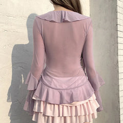 LIZAKOSHT - Fairy Temperament Ruffle V Neck Long Sleeve Mesh Thin Shirts Y2k Summer Elegant Simple Lace Up Cardigan Harajuku Punk Street Top