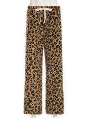 LIZAKOSHT - Casual Leopard Printed Wide Leg Pants Loose Furry Mid-Waisted Straight Pants Women Autumn Winter Fashion Streetwear