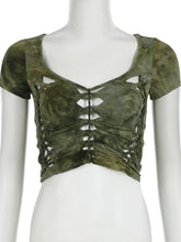 LIZAKOSHT - Grunge Fairycore Tie Dye Print Hollow Out T Shirt Slim Square Collar Short Sleeve Tees Women Summer Streetwear Lady