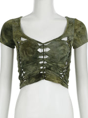 LIZAKOSHT - Grunge Fairycore Tie Dye Print Hollow Out T Shirt Slim Square Collar Short Sleeve Tees Women Summer Streetwear Lady