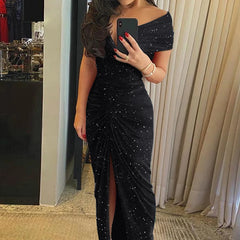 LIZAKOSHT - Elegant Glitter Off Shoulder High Split Party Dress Cocktail Luxury Long Dress Sexy Women V Neck Folds Bodycon Evening Dress
