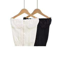 LIZAKOSHT - Women Off The Shoulder Twist Lace Trimmed Button Knitted Strapless Top