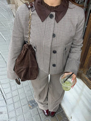 LIZAKOSHT - Plaid Short Jacket Pleated Skirt Set Women Chic Street Patchwork Collar Jackets Straight Pant 3 Piece Sets Lady Spring Outfit