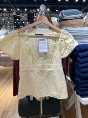 LIZAKOSHT - Yellow Lace Trim T-Shirt Blouse Women Three Buttons Square Neck Puff Sleeve Cotton Tee Shirt Summer Sweet Cute Crop Tops Y2k New