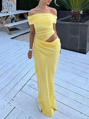 LIZAKOSHT - Summer Women Casual Hollow Out Party Dress, Holiday Slash Neck Patchwork Maxi Dress, 2025 Solid See Through Simple Ladies Dress