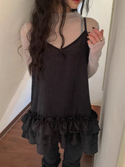 LIZAKOSHT - South Korea Chic Dress Spring French Temperament V-neck Loose Casual Splicing Layer Ruffled Halter Blouse Woman Dresses