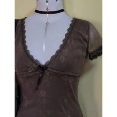 LIZAKOSHT - Vintage Floral Brown Dress Women's Summer Chic Sexy Elegant Fashion Ladies Casual Dress Beautiful Lace Mini Short Dresses