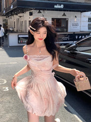 LIZAKOSHT  -  Elegant Sleeveless Strap Mini Dress Women Beach Style Lace Dress Even Party 2024 Summer Vintage One Piece Dress Korean Fashion