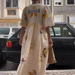 LIZAKOSHT - Women's Floral Printed Dresses Loose V-Neck Puff Sleeve Pockets A-LINE Skirt Fashion Sweet Style Sweetwear Vacation Outfits Sets