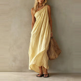LIZAKOSHT - Cotton Linen Casual Pocket Solid Long Dress Elegant Draped Hight Waist Women Dress Sleeveless Slanted Shoulder Loose Party Dress