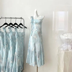LIZAKOSHT - Midi Dress Blue Tie Dye Lace Up Floral Print Sleeveless Women Casual Spaghetti Strap Elegant Summer Slim Long Dress