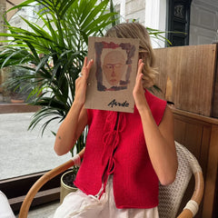 LIZAKOSHT - Casual Knit Lace Up Vests Women Loose Hollow Out Sleeveless O-neck Sweater Top Autumn New Lady Solid Cardigans Streetwear