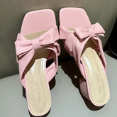 LIZAKOSHT - Bow Design Thick Heel Slippers Women Summer Square Head Soft Bottom Brand Sandals Comfortable Beach Casual Flats Zapatos Mujer