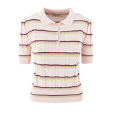 LIZAKOSHT - Women Pink Stripes Open Buttons Polo Collar Rib Knitted Short Sleeve Sweater Pullovers Knitwear All Match Knitting Tops Jumper