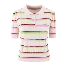 LIZAKOSHT - Women Pink Stripes Open Buttons Polo Collar Rib Knitted Short Sleeve Sweater Pullovers Knitwear All Match Knitting Tops Jumper