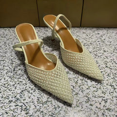 LIZAKOSHT - Pointed Toe White High Heels Shoes for Women Summer Breathable Pearl Mesh Designer Brand Elegant Party Wedding Female Sandals