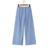 LIZAKOSHT - CHIC Blue White Stripes Cotton Wide leg Pants Women Elastic Waist Loose Casual Floor Length Trousers Pants Pink