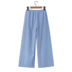 LIZAKOSHT - CHIC Blue White Stripes Cotton Wide leg Pants Women Elastic Waist Loose Casual Floor Length Trousers Pants Pink