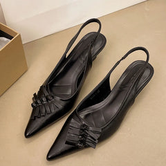 LIZAKOSHT - Size 42 Vintage y2k Flowers Black Pointy Toe Slingback Pumps Cross-strap Summer 5cm Kitten Heels White Lady Shoes Women