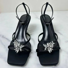 LIZAKOSHT - Shiny Rhinestone High Heels Women Summer New Open Toe Ankle Strap Thin Heels Dress Shoe Brand Design Rhinestone Sandals Femme