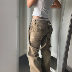 LIZAKOSHT  -  Y2K Fashion Women Brown Flare Jeans Vintage Street Low Waisted Cargo Pants 90s Outfits Harajuku Denim Trousers Retro