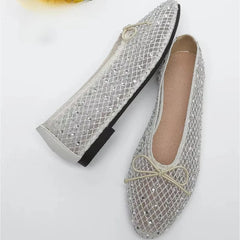 LIZAKOSHT  -  Mesh Rhinestone Ballet Flats Shoes Women Round Toe Comfy Shallow Breathable Boat Shoe Female Bling Brand Designer Mary Jane Shoe