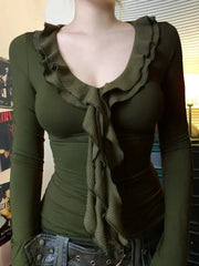 LIZAKOSHT - 2025 New Vintage Green T-shirts Women Aesthetic Elegant Sweet Soft Y2k Gothic Ruffle Patchwork V-neck Long Sleece Crop Tee Tops