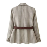 LIZAKOSHT - Autumn Women's With Blet Vertical Stripes Print Blazer Boyfriend Vintage Women Front Pockets Loose Suit Fashion Coat