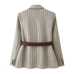 LIZAKOSHT - Autumn Women's With Blet Vertical Stripes Print Blazer Boyfriend Vintage Women Front Pockets Loose Suit Fashion Coat