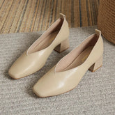 LIZAKOSHT - Women's Genuine Leather Shoes Soft Bottom Slip-On High Heels Spring Summer Season Square Head Versatile Mid Heel Casual Shoes