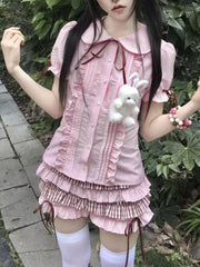 LIZAKOSHT - Summer New Kawaii Sweet Print Lolita Short Sleeve Doll Collar Shirt Fashion Japanese Cute Slim Pink Bow T-Shirts Women