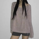 LIZAKOSHT - Spring Autumn T Shirt for Women Bows Stripes Y2k Clothes Ropa De Mujer Japanese Style Vintage Slash Neck Tees