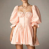 LIZAKOSHT - Fashion Sweet Style Dress Women's Autumn Bubble Sleeve Splicing Design Pleated Skirt