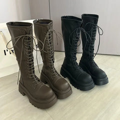 LIZAKOSHT - Flats Platform High Boots Women's Designer Shoes for Woman Winter Knee High Boots Lace Up Trend Goth Fashion Boots Femme