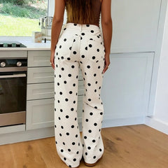 LIZAKOSHT - Women Polka Dot Wide Leg Jeans High Waisted Loose Fit Straight Leg Denim Pants Y2K Retro Trousers Preppy Streetwear