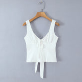 LIZAKOSHT - Sexy White V neck Low Ruched Bra Chest Tank Tops Women Tie Bow Sashes Zipper Back Crop Tank Girl Tee