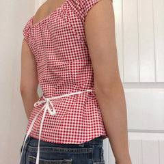 LIZAKOSHT - Y2K Fairycore Crop Tops Red Gingham Coquette Picnic Ruffled Blouse Vest Lace Trim Tie Up Square Collar Milkmaid Tops Cute
