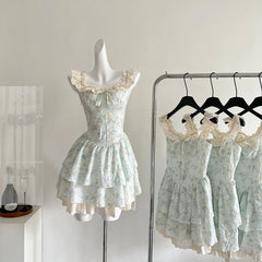 LIZAKOSHT - Summer Square Collar Ballet Core Dress Mini Frock Floral Party One-Piece Shoujo Evening Mori Girl Aesthetic Coquette Gyaru Cute