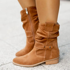 LIZAKOSHT - Retro Pointed Square Heel Western Cowboy Boots Suede Pleated Knight Boots Casual Versatile Large Size Women's Boots 34 & 43